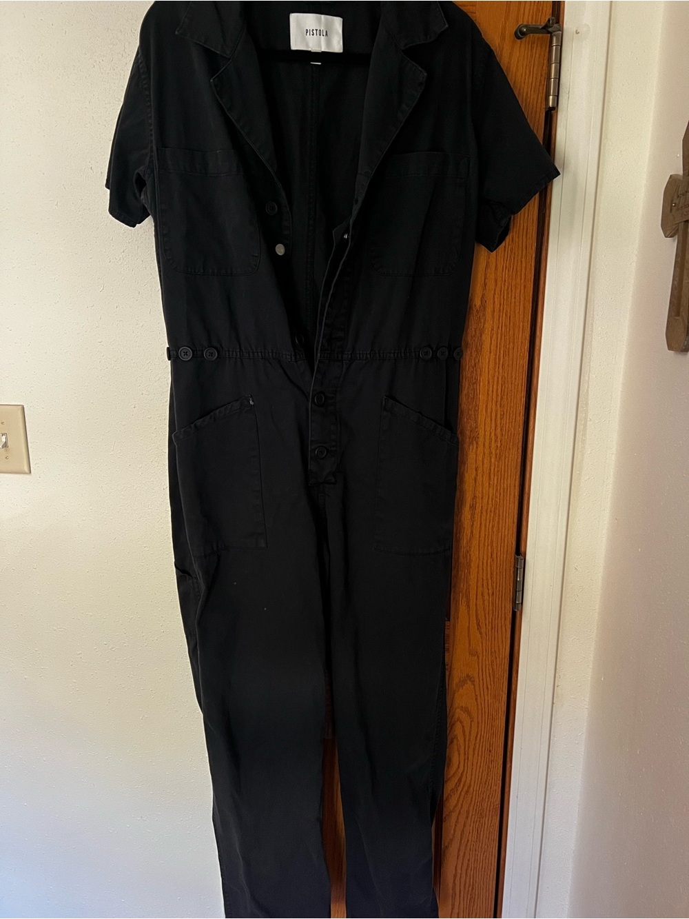 Pistola Black Short-Sleeve Utility Jumpsuit with Patch Pockets